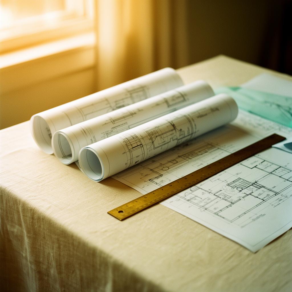 Rolled architectural blueprints and a brass ruler in warm window light