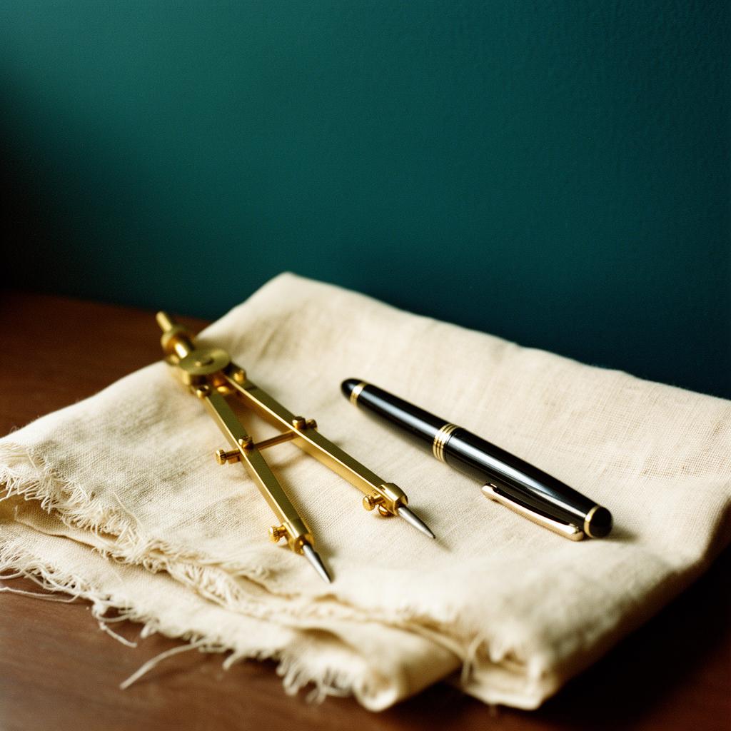 Architect's compass and fountain pen on cream linen against a deep teal wall
