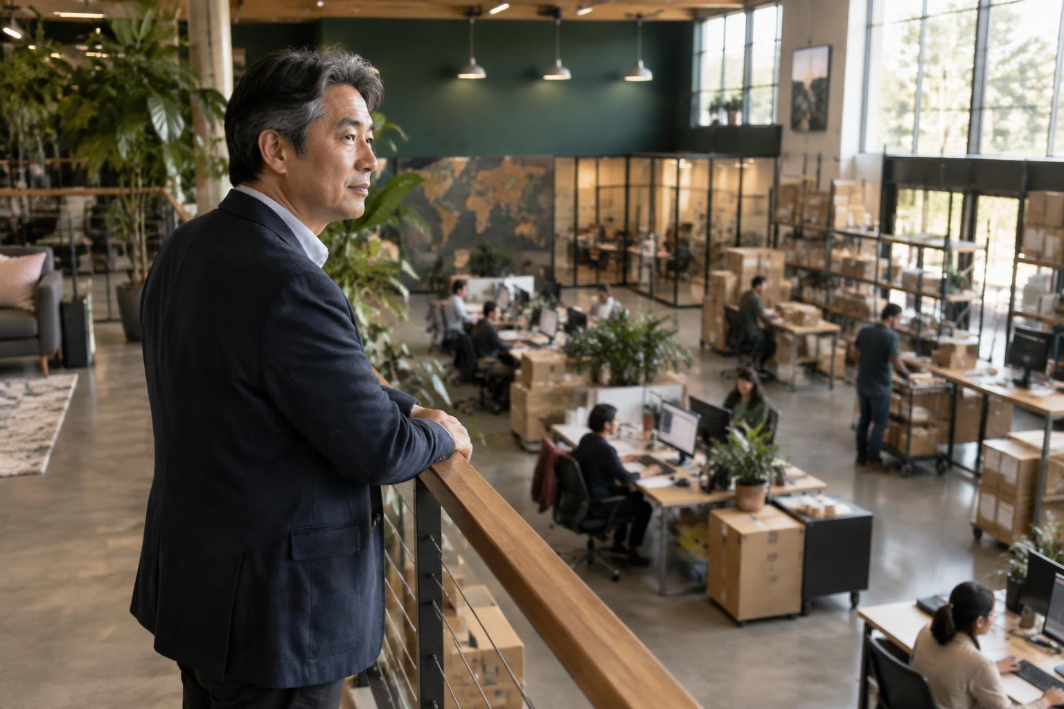 A founder on a mezzanine quietly observing his team and operations on the floor below
