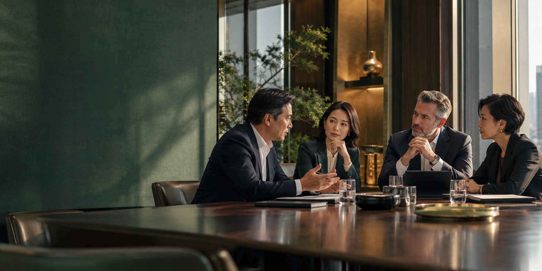 Four senior business leaders in discussion around a boardroom table overlooking the city