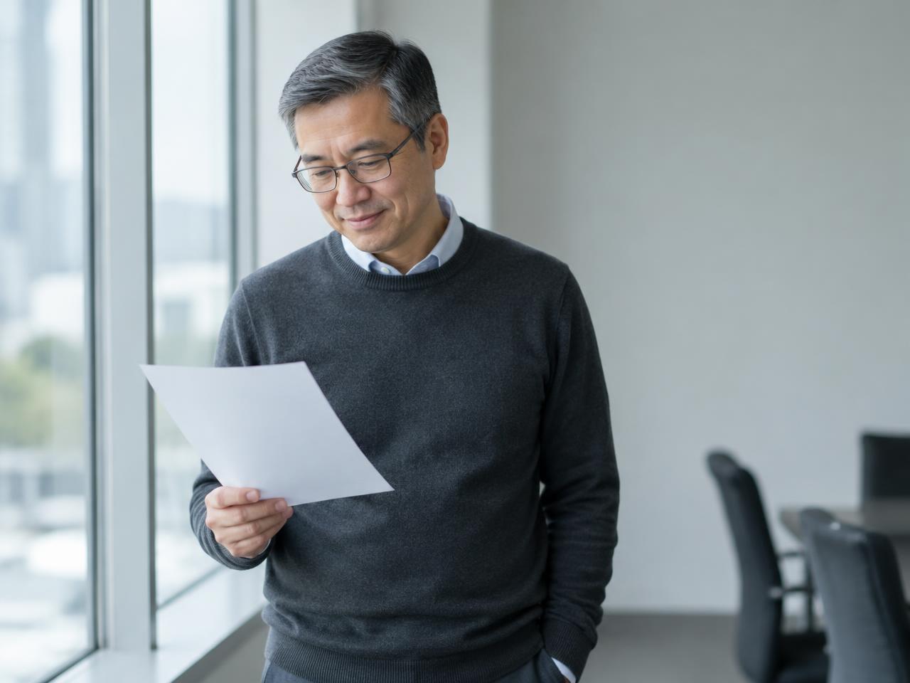 A business owner standing by a window reading her one-page cash opportunity summary