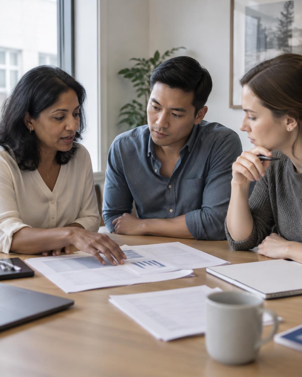 Business owners reviewing printed financial statements together around a table
