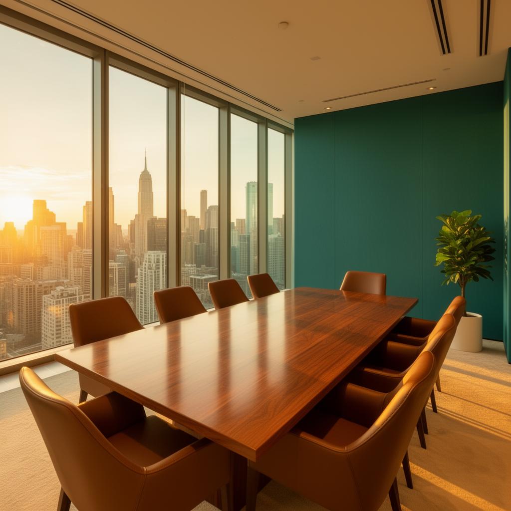 Modern boardroom with polished conference table and city skyline view at golden hour.