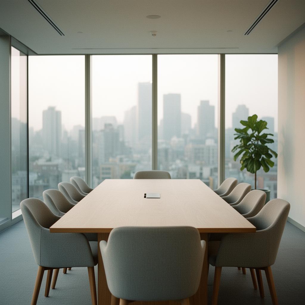 An empty modern boardroom with floor-to-ceiling windows looking onto a city skyline.